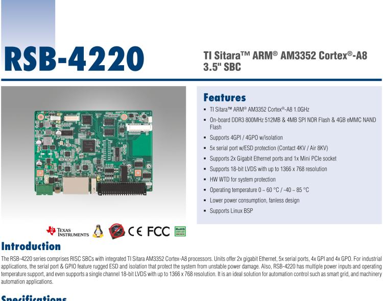 研華RSB-4220 基于TI AM3352 Cortex-A8 的3.5寸單板，寬溫、低功耗、無風(fēng)扇設(shè)計(jì)