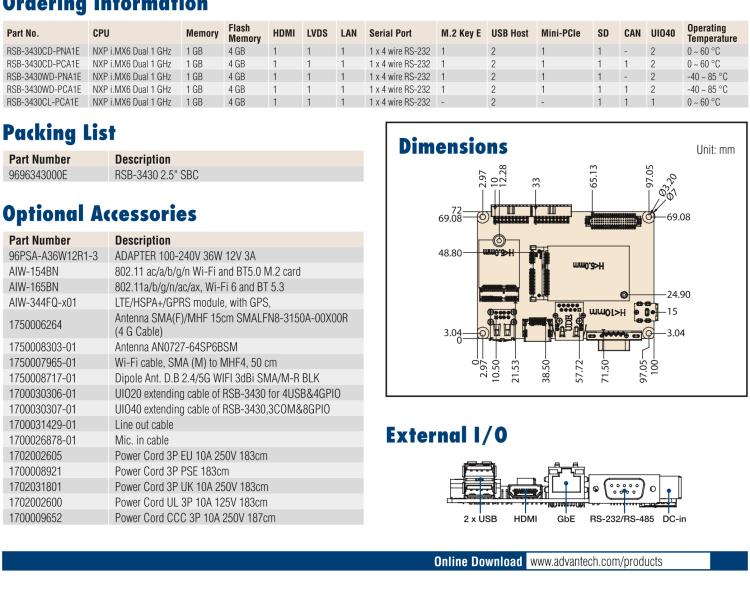 研華RSB-3430 基于NXP Arm Cortex-A9 i.MX6平臺,精簡功能的2.5寸緊湊型單板電腦。搭配UIO20/40可快速擴展各種外設接口