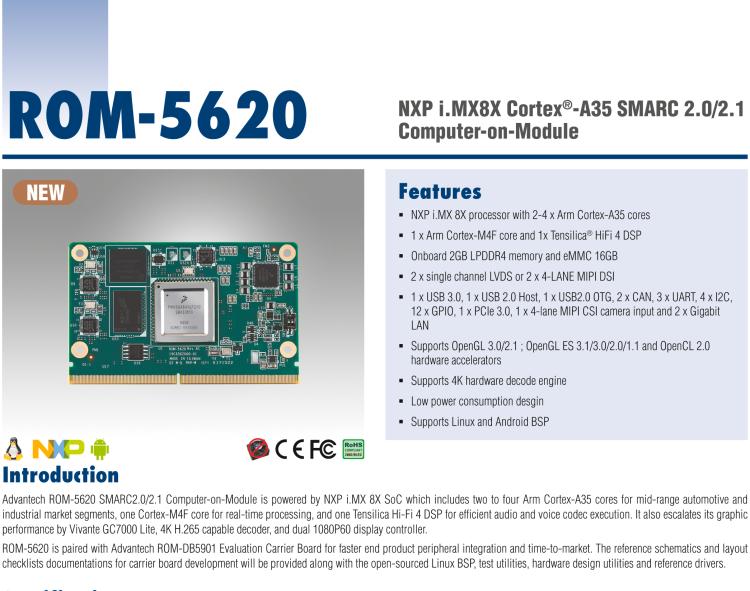 研華ROM-5620 基于NXP i.MX8X SMARC2.0 Arm核心板，多接口，低功耗設(shè)計(jì)