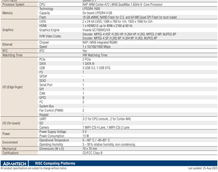 研華ROM-7720 基于NXP i.MX 8QM Qseven Arm核心模塊，多核異構(gòu)，具備優(yōu)異的計算及圖形顯示性能