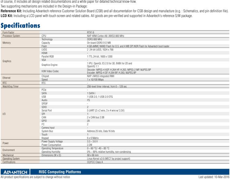 研華ROM-1210 基于NXP ARM Cortex?-A8 i.MX53 1GHz高性能處理器的RTX核心模塊，低功耗