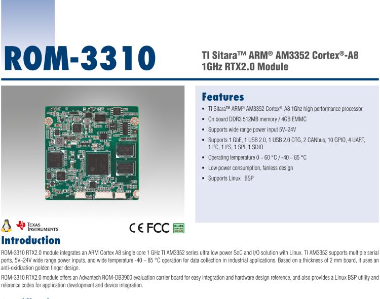 研華ROM-3310 基于TI AM3352 Cortex A8 1GHz RTX 2.0 的標(biāo)準(zhǔn)核心板，適用于寬溫抗震等工業(yè)自動化領(lǐng)域
