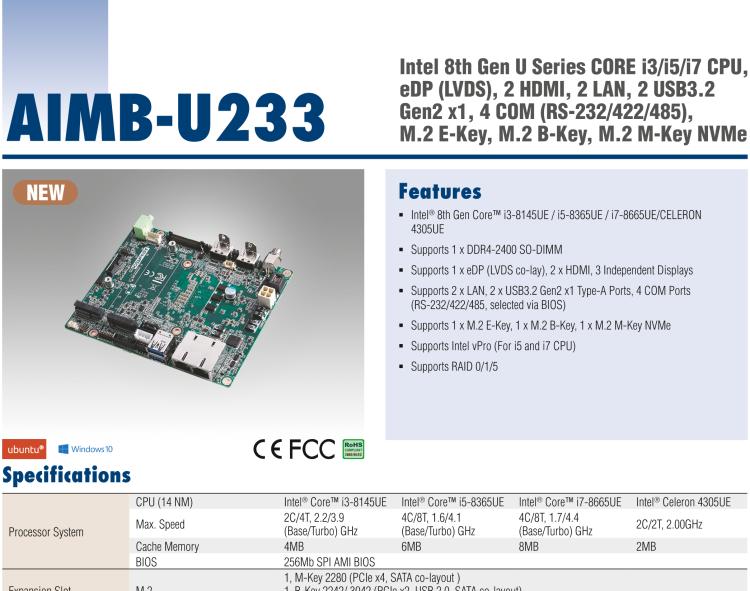 研華AIMB-U233 板載Intel 第8代 U系列 Core i3/i5/i7 處理器。低功耗高性能，無(wú)風(fēng)扇設(shè)計(jì)。