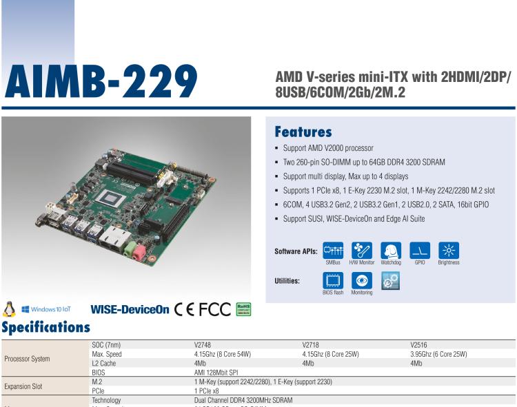 研華AIMB-229 板載AMD V2000系列8核/16線程CPU。視頻圖像處理性能強(qiáng)勁，接口豐富，超薄緊湊設(shè)計(jì)。