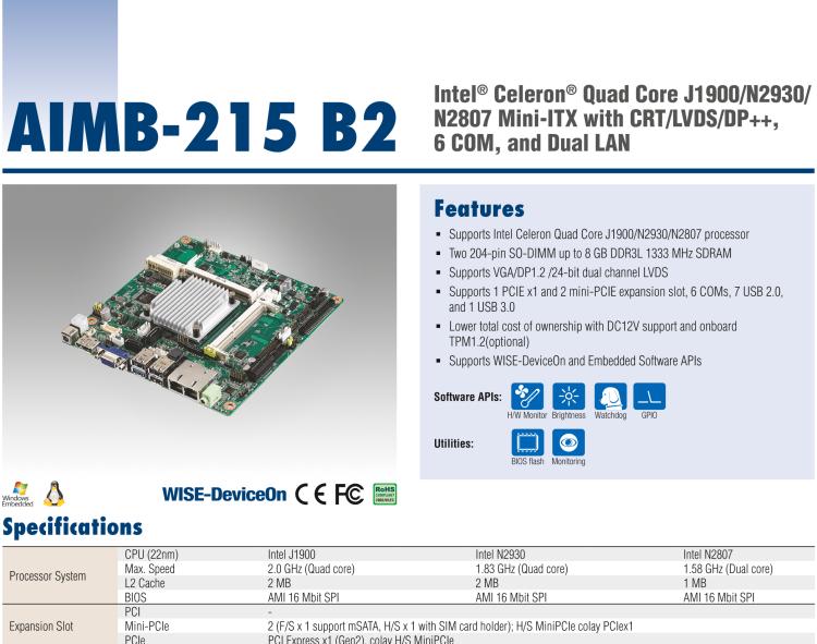 研華AIMB-215 板載Intel? 第4代 賽揚處理器。豐富的擴展，無風(fēng)扇設(shè)計，支持寬溫寬壓。