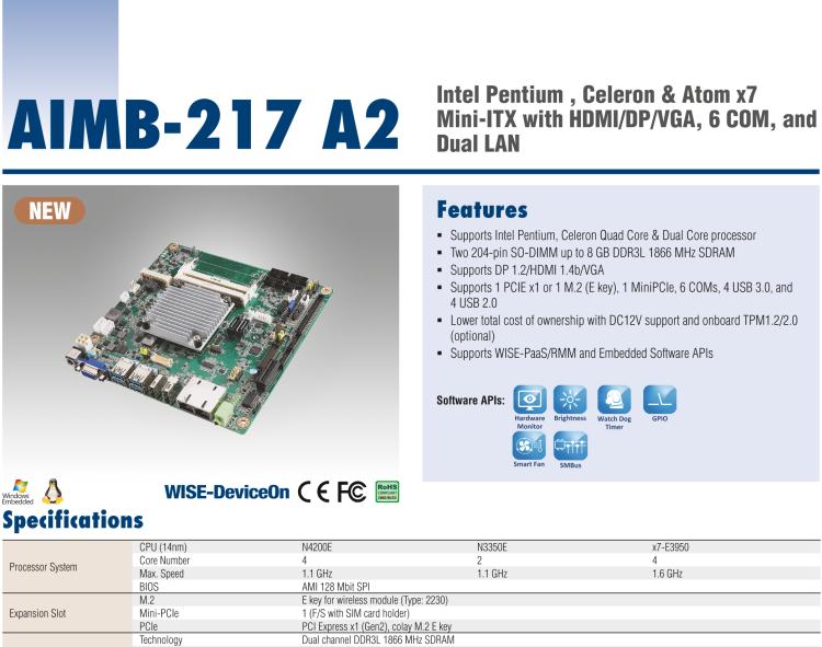 研華AIMB-217 板載Intel? 第6代 奔騰、賽揚(yáng)、凌動(dòng)系列處理器。擁有多COM和雙千兆網(wǎng)口，超薄緊湊，無(wú)風(fēng)扇設(shè)計(jì)，支持寬溫。