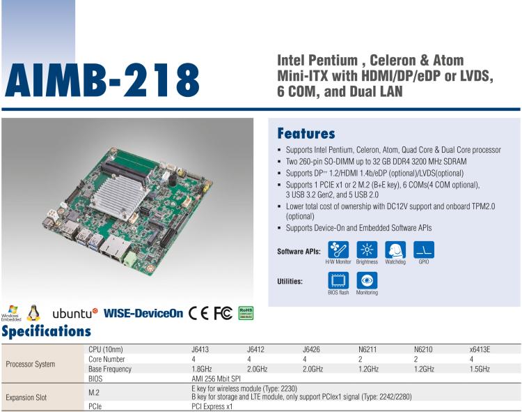 研華AIMB-218 板載Intel? 第8代 奔騰/賽揚/凌動系列處理器。支持獨立三顯，超薄緊湊，無風(fēng)扇設(shè)計，支持寬溫。
