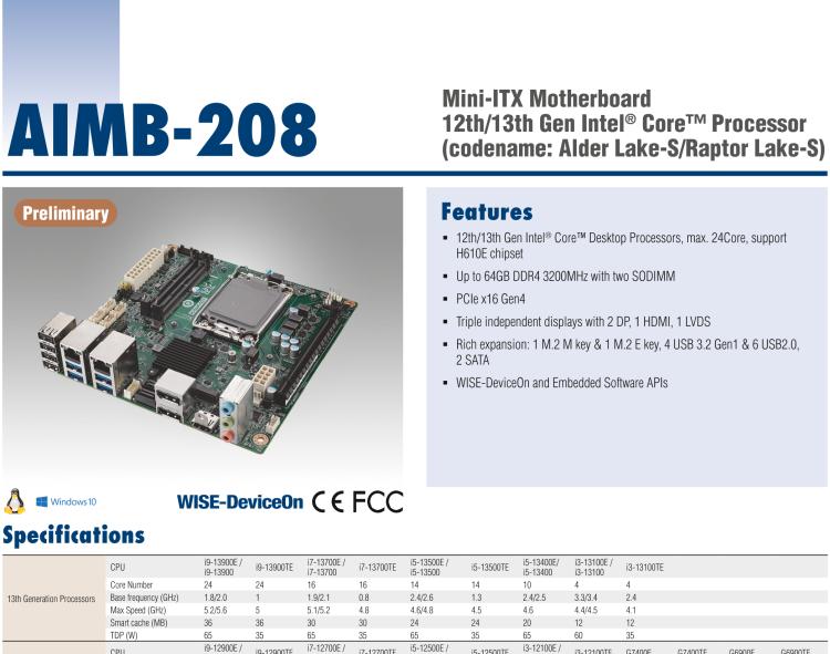 研華AIMB-208 適配Intel 第12/13代 Core i/奔騰系列處理器，搭載H110芯片組。高性?xún)r(jià)比，擁有豐富的擴(kuò)展接口，通用性強(qiáng)，穩(wěn)定可靠。