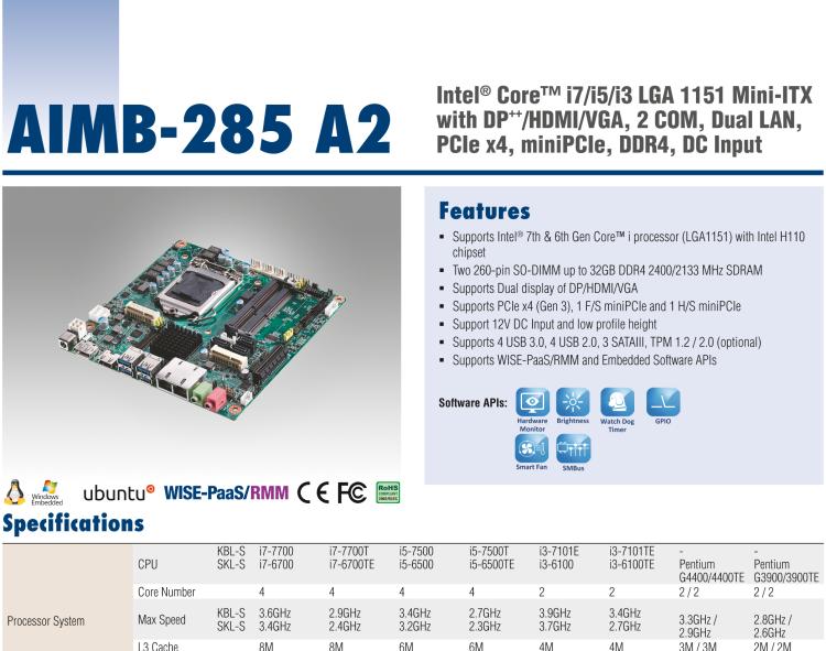 研華AIMB-285 適配Intel? 第6/7代 Core? i 處理器，搭載H110芯片組。超薄緊湊，是理想的高性?xún)r(jià)比解決方案。
