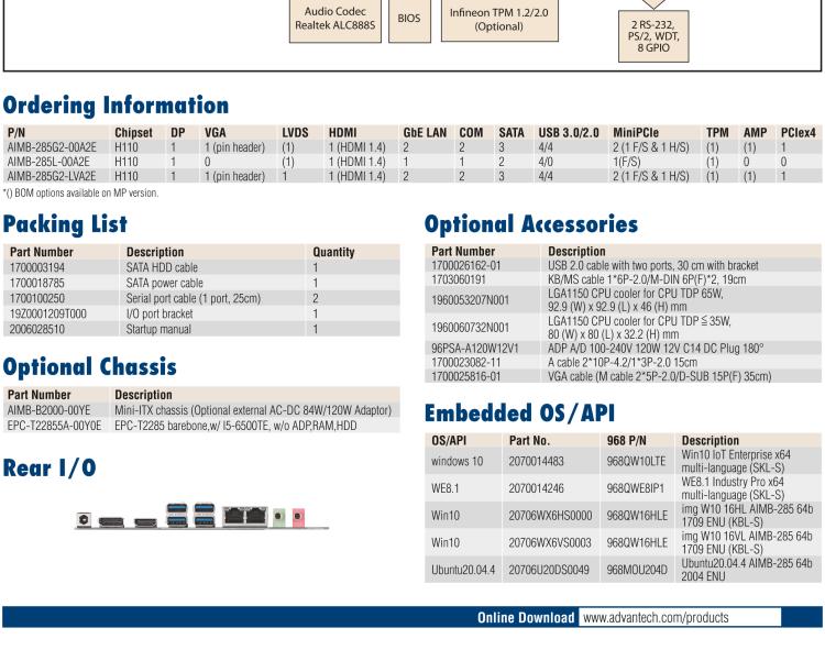 研華AIMB-285 適配Intel? 第6/7代 Core? i 處理器，搭載H110芯片組。超薄緊湊，是理想的高性?xún)r(jià)比解決方案。