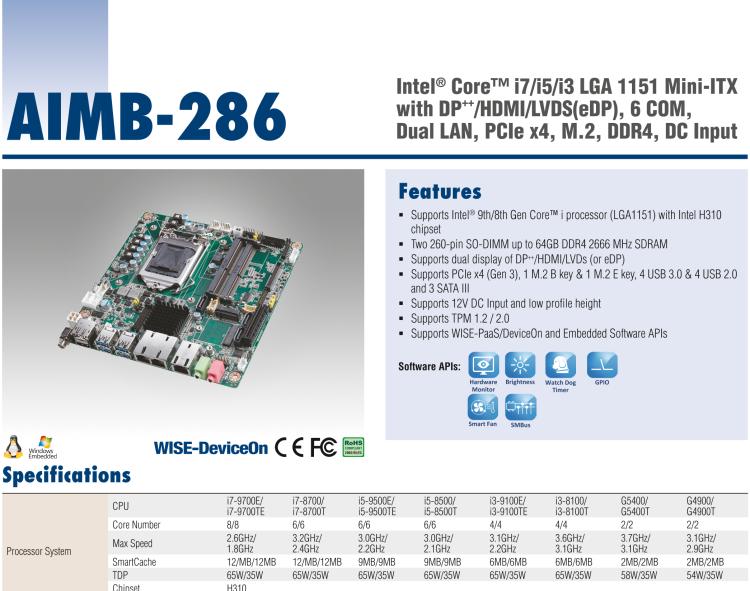 研華AIMB-286 Intel? 第8/9代 Core? i 系列處理器，搭載Intel H310芯片組。超薄設(shè)計(jì)，結(jié)構(gòu)緊湊。