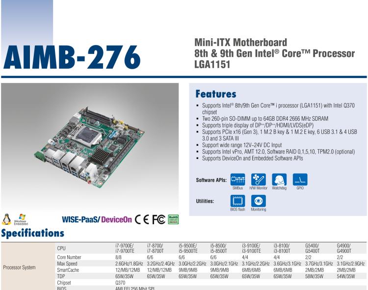 研華AIMB-276 適配Intel 第8/9代 Core?i7/i5/i3 處理器，搭載Q370芯片組。超高性能，是邊緣計(jì)算、AI視頻檢測(cè)等理想解決方案。