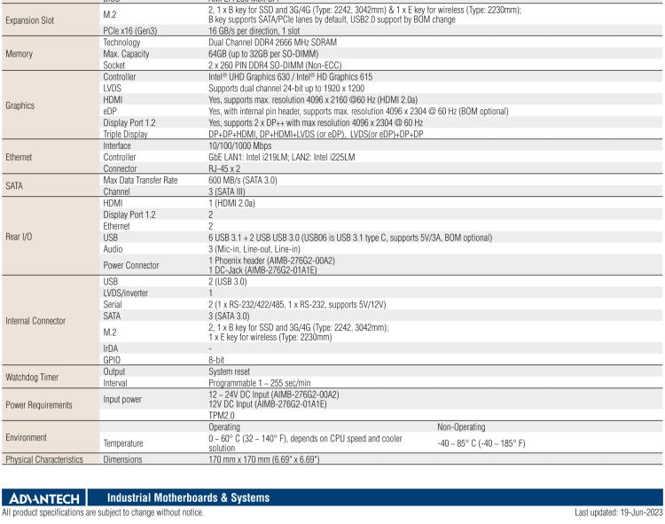 研華AIMB-276 適配Intel 第8/9代 Core?i7/i5/i3 處理器，搭載Q370芯片組。超高性能，是邊緣計(jì)算、AI視頻檢測(cè)等理想解決方案。