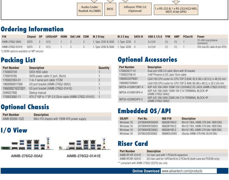 研華AIMB-276 適配Intel 第8/9代 Core?i7/i5/i3 處理器，搭載Q370芯片組。超高性能，是邊緣計(jì)算、AI視頻檢測(cè)等理想解決方案。