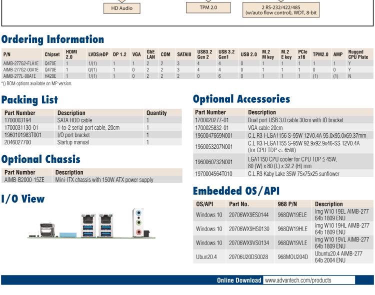 研華AIMB-277 適配Intel? 第10代 Core? i 系列處理器，搭載Q470E芯片組。性能強勁，適用于高端應(yīng)用領(lǐng)域。