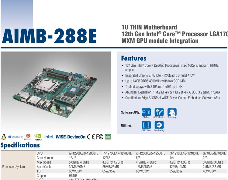 研華AIMB-288E 板載Intel 第12代 Core i 桌面級CPU。橫向顯卡插槽，搭配NVIDIA Quadro T1000 MXM顯卡。超薄散熱設(shè)計(jì)，高性能選擇方案。