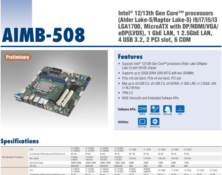 研華AIMB-508 適配Intel 第12/13代 Core i系列處理器，搭載H610E芯片組。擁有豐富的接口，性能強(qiáng)勁，高性價(jià)比解決方案。