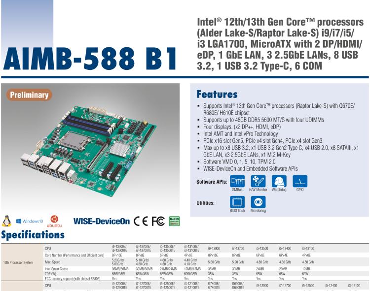 研華AIMB-588B1 適配Intel 第12/13代 Core i/奔騰系列處理器，搭載Q670E/R680E/H610E芯片組。性能可達(dá)服務(wù)器級(jí)別，獨(dú)立四顯，具備專業(yè)的圖像處理能力，是理想的行業(yè)解決方案。