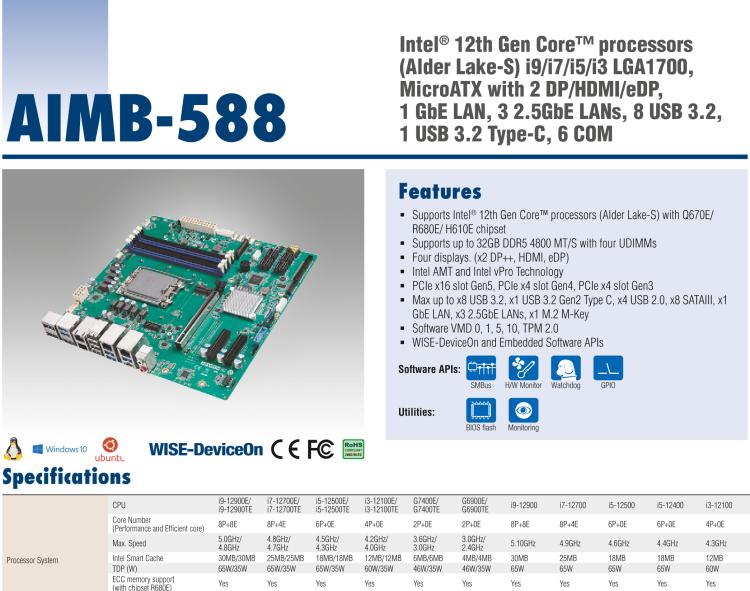 研華AIMB-588 適配Intel 第12代 Core i 系列處理器，搭載Q670E/ R680E/ H610E芯片組。高性能可達(dá)服務(wù)器級(jí)別高端產(chǎn)品，獨(dú)立四顯，專業(yè)的圖像處理能力，是理想的行業(yè)解決方案。