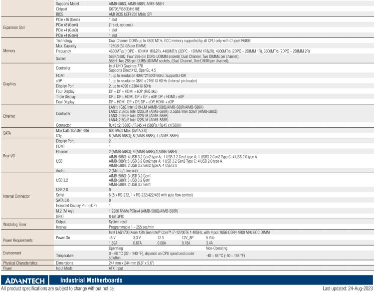 研華AIMB-588 適配Intel 第12代 Core i 系列處理器，搭載Q670E/ R680E/ H610E芯片組。高性能可達(dá)服務(wù)器級(jí)別高端產(chǎn)品，獨(dú)立四顯，專業(yè)的圖像處理能力，是理想的行業(yè)解決方案。