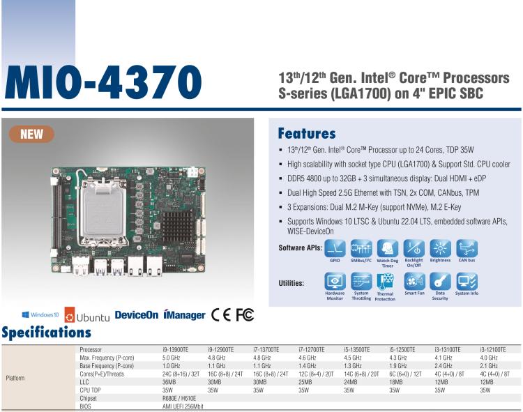 研華MIO-4370 基于第12代Intel Core處理器（Alder Lake-S系列，LGA1700 socket CPU）， 4" EPIC 單板電腦