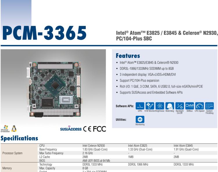 研華PCM-3365 英特爾第四代凌動(dòng)?Atom?E3825 / E3845＆賽揚(yáng)?N2930，PC / 104-Plus嵌入式主板，ISA，VGA，HDMI / DVI，LVDS，6 USB，mSATA或板載SSD