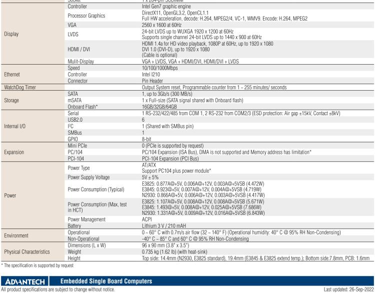 研華PCM-3365 英特爾第四代凌動(dòng)?Atom?E3825 / E3845＆賽揚(yáng)?N2930，PC / 104-Plus嵌入式主板，ISA，VGA，HDMI / DVI，LVDS，6 USB，mSATA或板載SSD