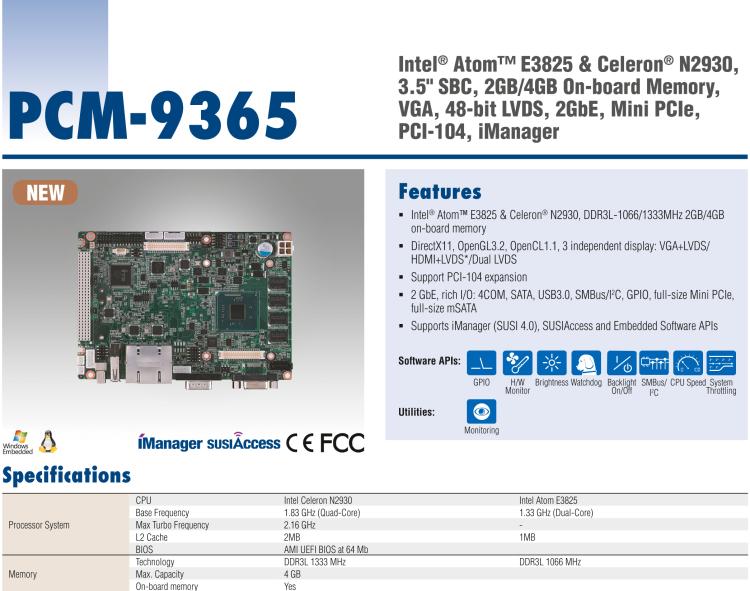 研華PCM-9365 第四代ATOM PCI-104 3.5寸主板, 搭載E3825，N2930 CPU，2GB/4GB內(nèi)存在板，VGA, 18/24-bit LVDS, 2GbE, Mini PCIe, PCI-104, iManager