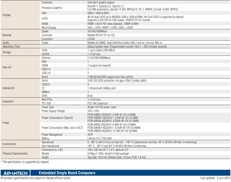 研華PCM-9365 第四代ATOM PCI-104 3.5寸主板, 搭載E3825，N2930 CPU，2GB/4GB內(nèi)存在板，VGA, 18/24-bit LVDS, 2GbE, Mini PCIe, PCI-104, iManager