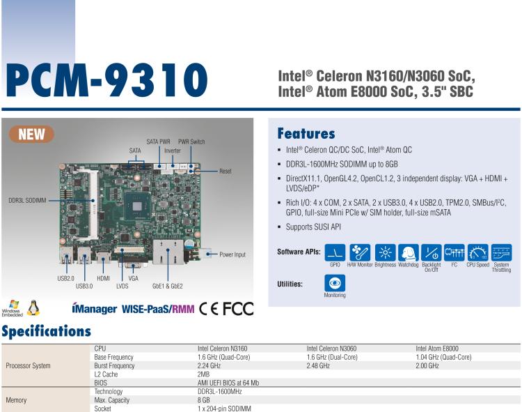 研華PCM-9310 英特爾第五代Atom?賽揚(yáng)N3160 / N3060 SoC，Intel?Atom E8000 SoC，3.5寸單板電腦，DDR3L，VGA，HDMI，48位LVDS，2GbE，Mini PCIe，mSATA，SUSI API