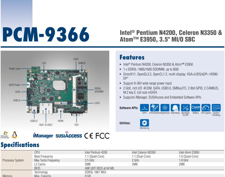 研華PCM-9366 Intel 第六代Atom?奔騰N4200賽揚(yáng)N3350，3.5寸單板電腦