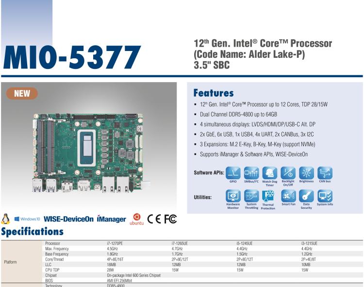 研華MIO-5377 第12代 Intel Core i7/ i5/ i3 P系列，3.5"單板電腦， 高達12 核心，TDP 28/15W