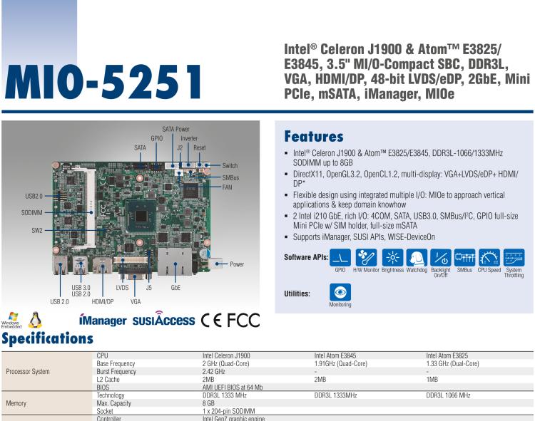 研華MIO-5251 3.5寸MIO單板電腦，采用嵌入式 Intel? Atom? E3825 &Intel? J1900處理器