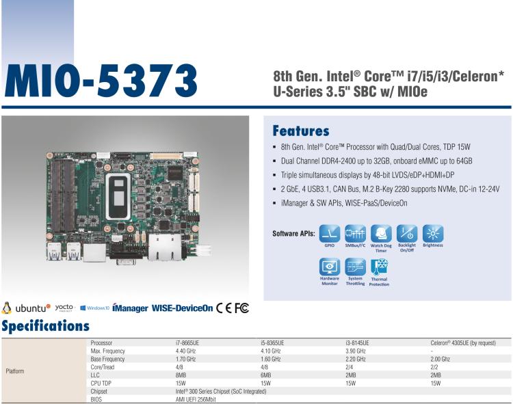 研華MIO-5373 第八代 Intel 低功耗高性能 超極本CPU 3.5寸嵌入式單板，性能提升40%