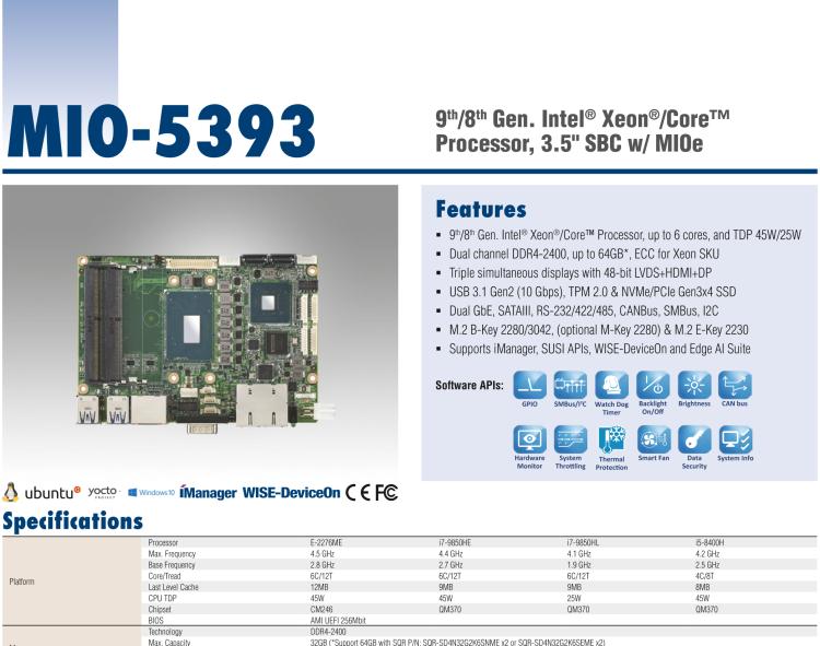 研華MIO-5393 第九代Intel 高性能筆記本CPU 3.5寸小尺寸嵌入式單板，性能提升25%，TDP 45W/25W，支持DDR4 64GB內(nèi)存，2LAN, 4USB 3.1，M.2 2280 Key支持NVMe，-40-85℃寬溫