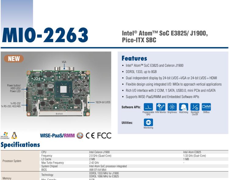 研華MIO-2263 2.5寸Pico-ITX主板，搭載Intel? Atom? SoC E3825/ J1900處理器的2.5寸Pico-ITX單板電腦，采用DDR3L內(nèi)存，支持24-bit LVDS + VGA/HDMI獨立雙顯，帶有豐富I/O接口：1個GbE、半長Mini PCIe、4個USB、2個COM、SMBus、mSATA & MIOe