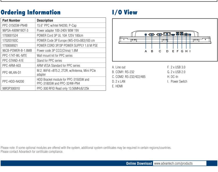 研華PPC-3150SW 15.6" 寬屏無風(fēng)扇工業(yè)平板電腦，搭載 Intel? Pentium? N4200 四核心處理器