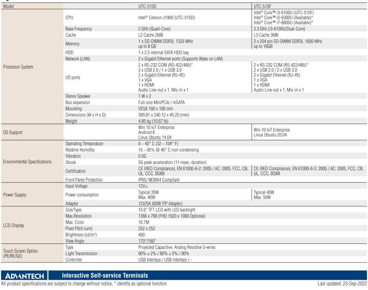 研華UTC-515D 15.6" 多功能觸控一體機(jī)，內(nèi)置英特爾? BayTrail J1900，可附接豐富的外圍設(shè)備