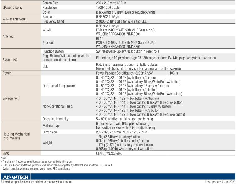 研華EPD-660 13.3"電子紙解決方案，Wi-Fi，用于醫(yī)院床邊卡和智能建筑標(biāo)牌。