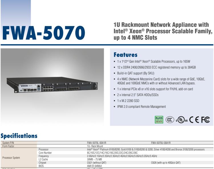 研華FWA-5070 基于Intel?Xeon?處理器可擴展系列1U機架式網(wǎng)絡(luò)應(yīng)用平臺，最高支持4個NMC插槽