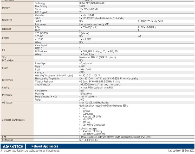 研華FWA-5070 基于Intel?Xeon?處理器可擴展系列1U機架式網(wǎng)絡(luò)應(yīng)用平臺，最高支持4個NMC插槽