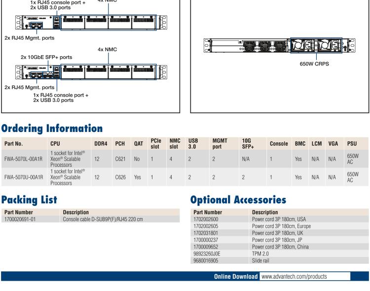 研華FWA-5070 基于Intel?Xeon?處理器可擴展系列1U機架式網(wǎng)絡(luò)應(yīng)用平臺，最高支持4個NMC插槽