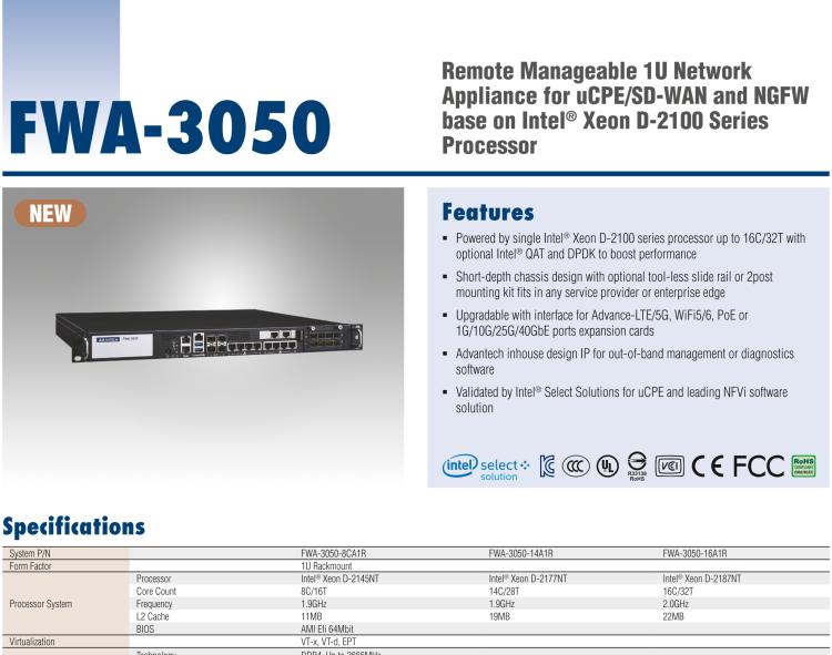 研華FWA-3050 基于Intel?Xeon D-2100系列處理器，用于uCPE和下一代防火墻的遠(yuǎn)程可管理1U網(wǎng)絡(luò)應(yīng)用平臺
