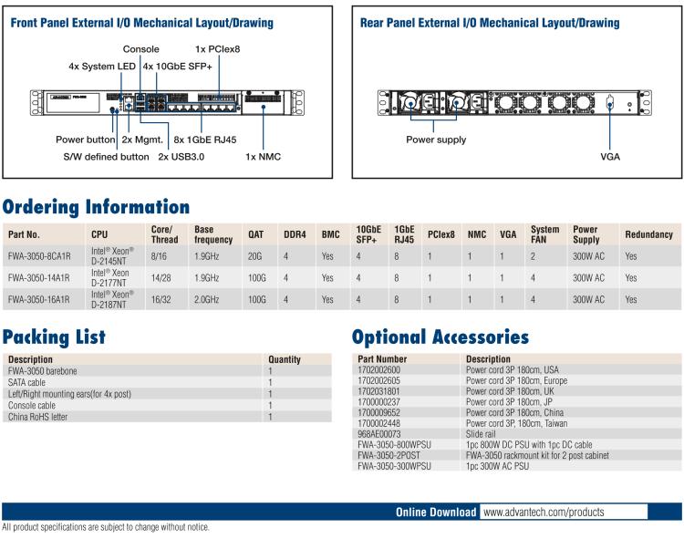 研華FWA-3050 基于Intel?Xeon D-2100系列處理器，用于uCPE和下一代防火墻的遠(yuǎn)程可管理1U網(wǎng)絡(luò)應(yīng)用平臺