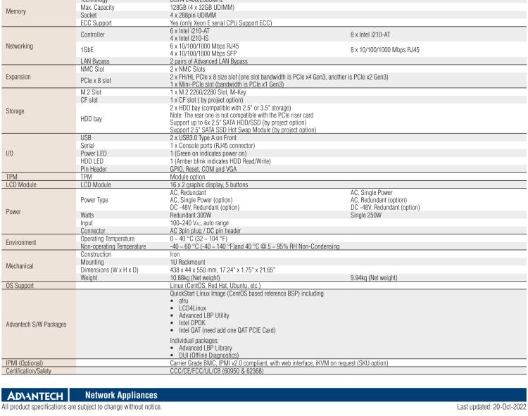 研華FWA-3033 基于Intel Coffee Lake CPU Xeon? E 系列或第八/九代Intel? Core? i7/i5/i3處理器1U機架式網(wǎng)絡應用平臺