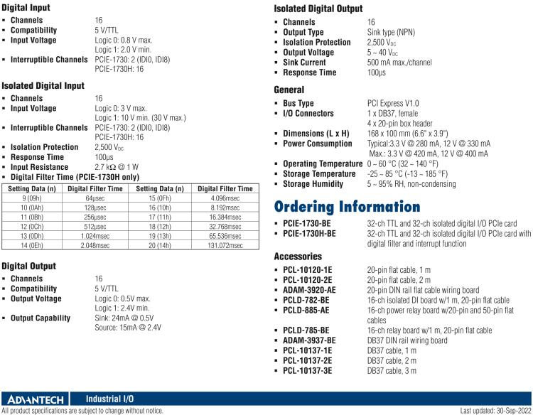 研華PCIE-1730 PCI Expresscard擴展接口，支持32通道隔離DIO和TTL DIO