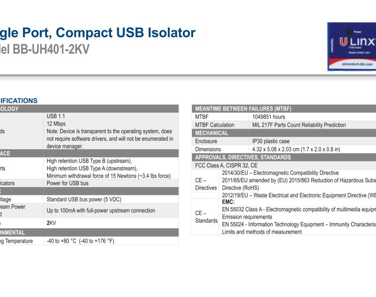 研華BB-UH401-2KV USB 2.0 2 kV隔離器，1端口，12 Mbps全速