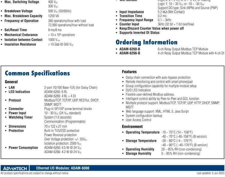 研華ADAM-6266 支持Modbus TCP的4路繼電器輸出模塊，帶4路DI