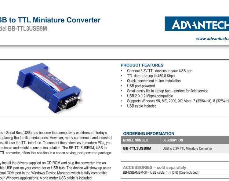 研華BB-TTL3USB9M 串口轉(zhuǎn)換器，USB 2.0至3.3 V TTL DB9 公頭