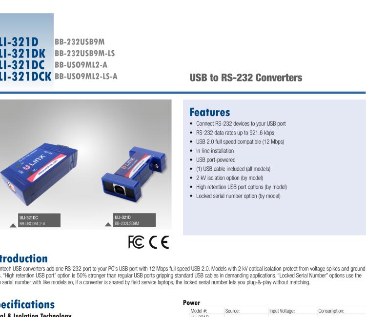 研華BB-232USB9M-LS ULI-321DK USB 2.0到RS-232轉(zhuǎn)換器，DB9公頭 端口號鎖定